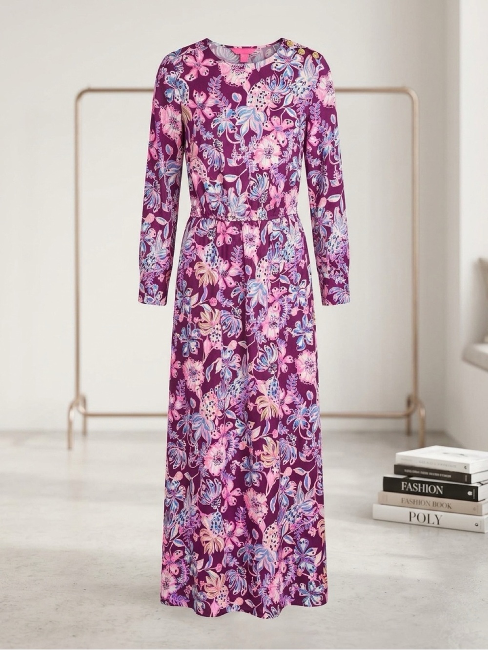 Lilly Pulitzer Purple Pink Floral Long Sleeve Maxi Dress